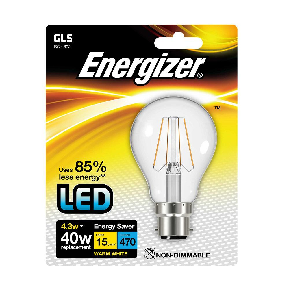 Energizer LED Filament Bulb - Warm White 4.3W (40W) - B22 Bayonet Cap (BC) Filament Bulb - Warm White